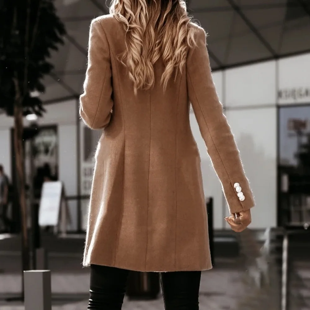 

Women Long CoatTurn-down Collar Button Woolen Coat Autumn Winter Long Sleeve Pocket Jacket Office Lady Plus Size Tops