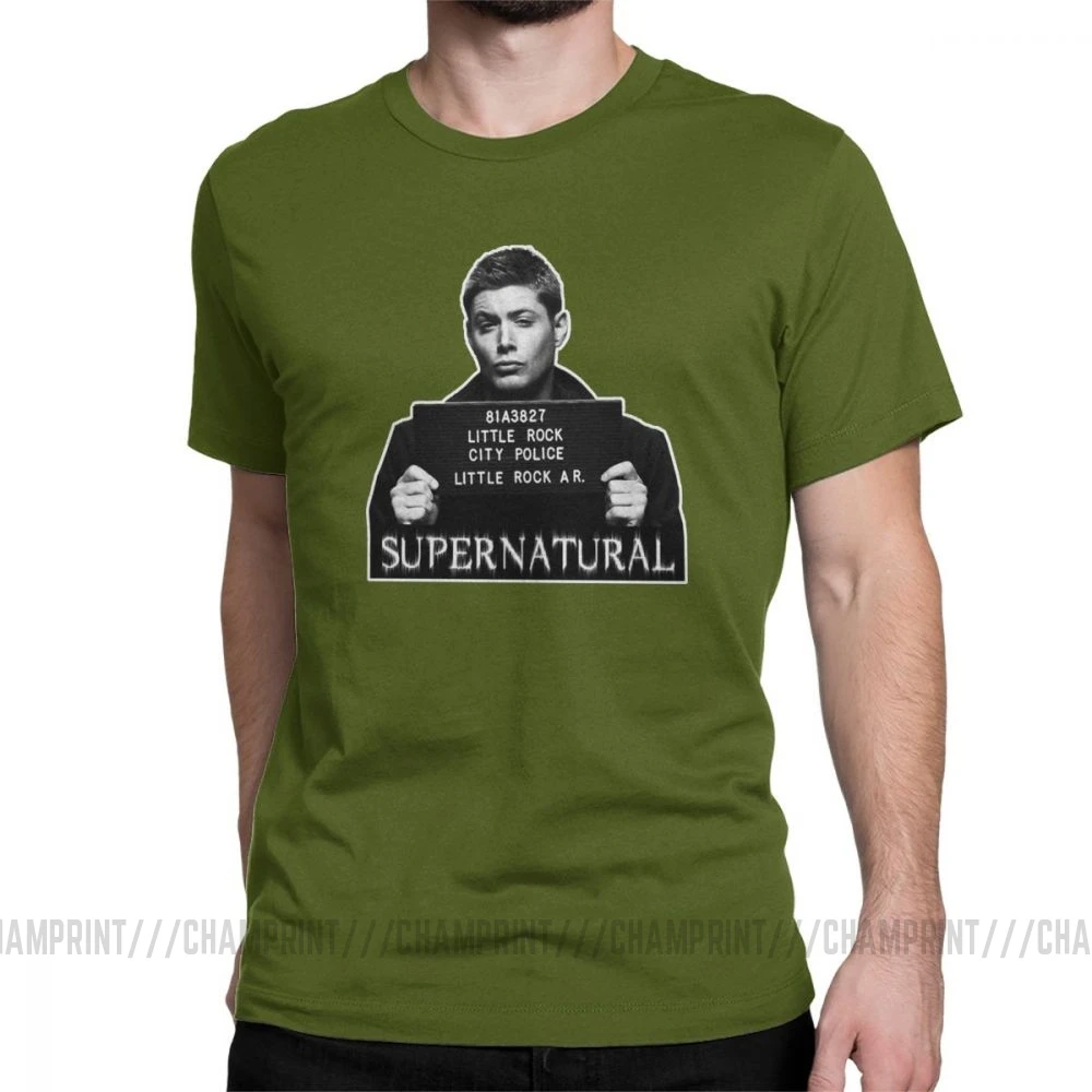 Dean Mugshot футболка Сверхъестественное SPN Brothers футболка мужские топы размера плюс забавная футболка с круглым вырезом из чистого хлопка - Цвет: Армейский зеленый