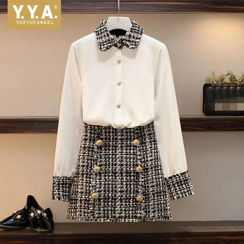 

Streetwear Patchwork Shirts Double Breasted Mini Skirts Spring Autumn Sweet Tweed Skirt Set Fashion Lapel White Blouse Plus Size