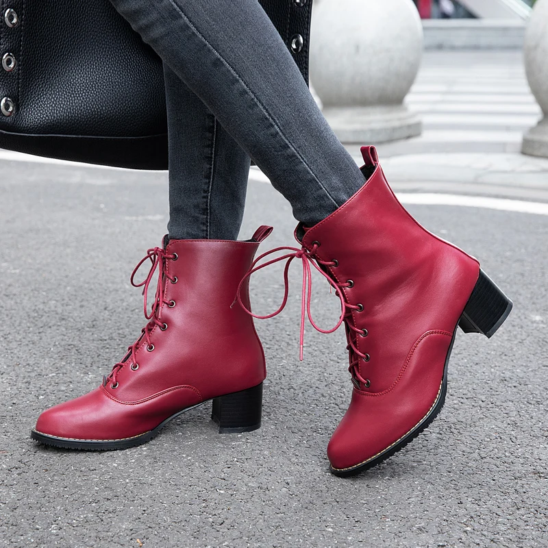 QPLYXCO New Plus Size 31-52 Winter warm Ankle Boots Women 2019 High Heels 5cm Lace up Pumps Wedding snow boots Shoes woman L-3 | Обувь