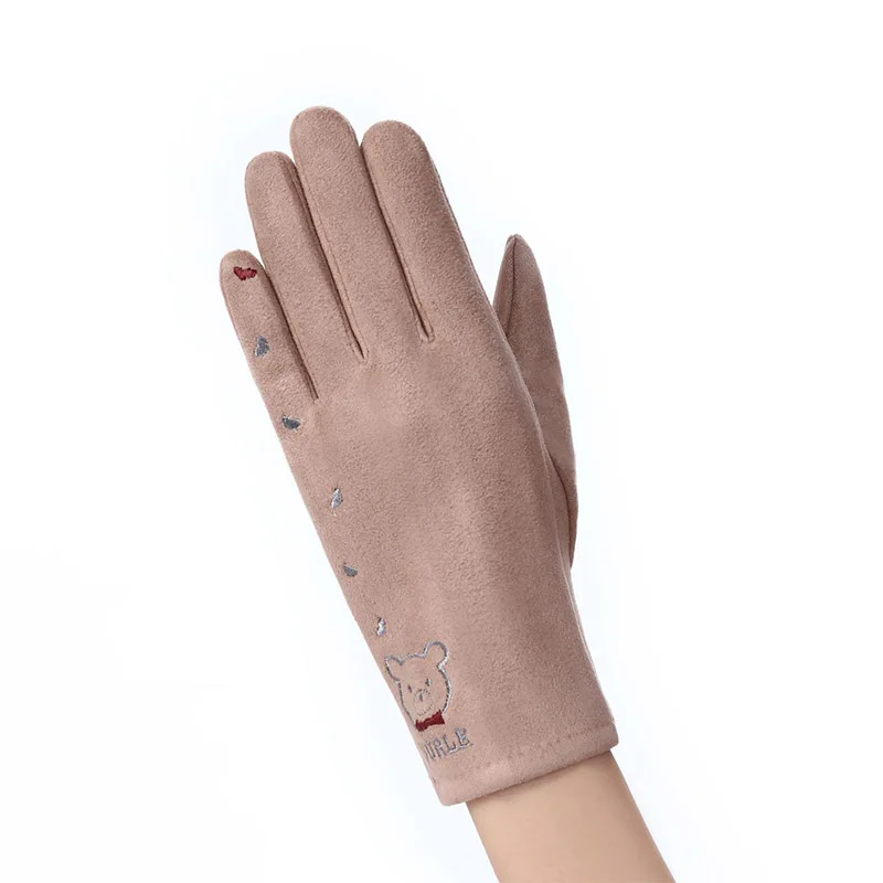 C Khaki Модная зимняя женская обувь теплые детские джинсы с кашемиром Glovers три ребра с милым медведем варежки двойные толстые плюшевые Для женщин Сенсорный экран водительские перчатки - Цвет: C Khaki