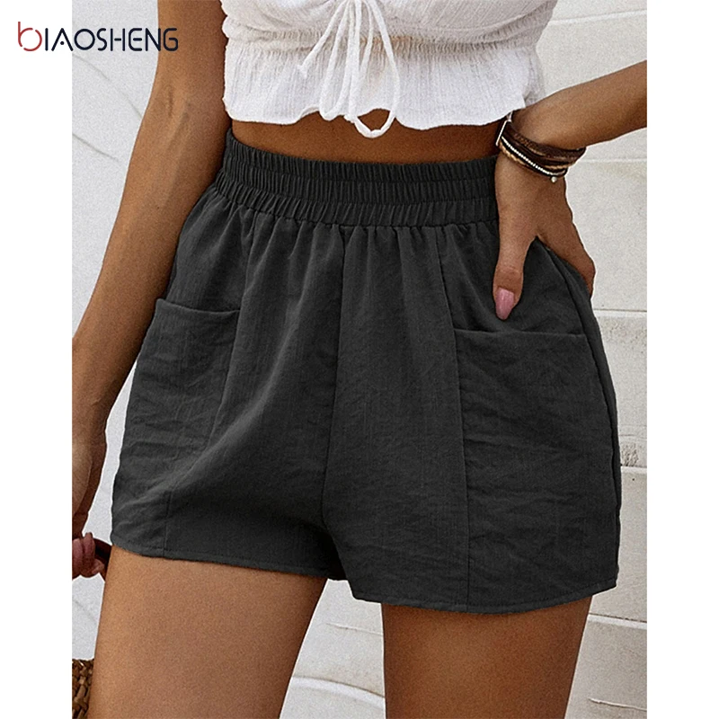 

Women's Summer Shorts Casual Solid Cotton Linen Shorts High Waist Elastic Two Pockets Loose Shorts 2021 Fashion Streetwear Pants