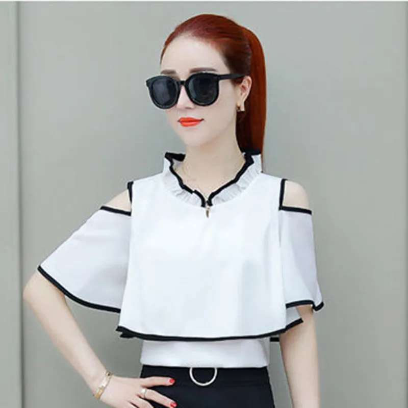 

Женская шифоновая блузка с рукавами «Лотос», черная блузка с открытыми плечами в Корейском стиле, модель 0211