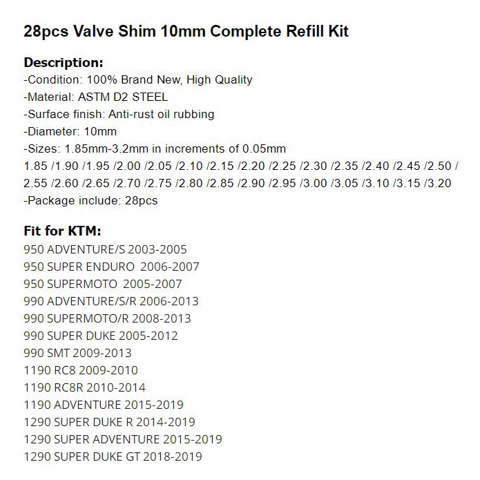 

28pcs Valve Shim 10mm Complete Refill Kit For 950 990 1290 SUPER DUKE R/GT ADVENTURE/S/R ENDURO SUPERMOTO SMT 1190 RC8/R