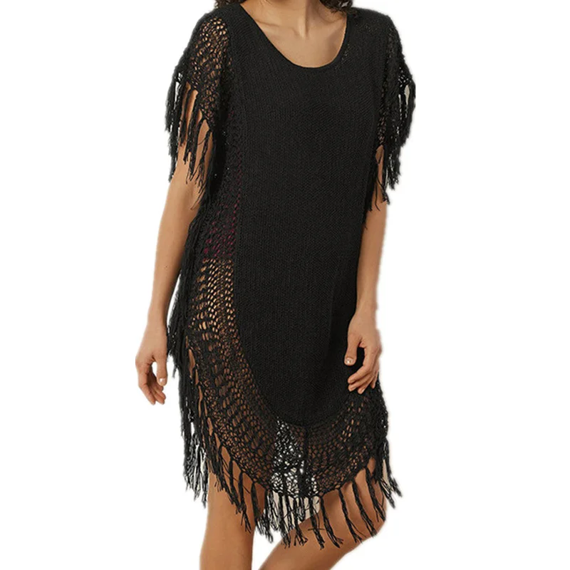 

Сексуальное женское трикотажное бикини с кисточками, летнее парео, пляжная одежда, накидка, купальник, открытое вязаное крючком пляжное пла...