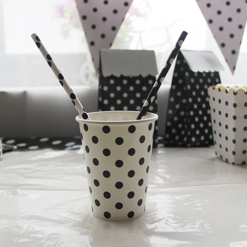 cup 12pcs Черное пятно одноразовые наборы посуды тарелка и чашка для вечеринки Nakpins соломенные вечерние столовые приборы для украшения на свадьбу на день рождения вечерние принадлежности - Цвет: cup 12pcs