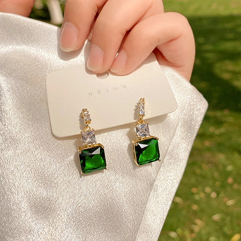 

New Trendy 14K Real Gold Plated Square Emerald Drop Earrings for Women Jewelry AAA Zirconia S925 Silver Needle Party Fine Gift