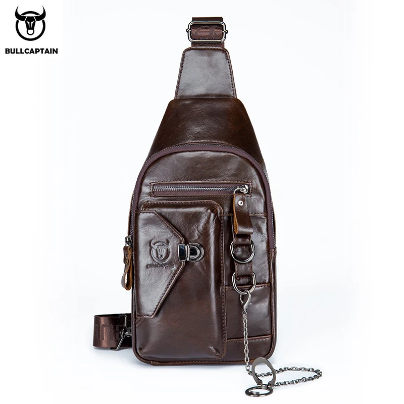 BULLCAPTAIN-Men's leather crossbody casual chest bag fashion multifunctional bracket chain chest bag mountaineering bag