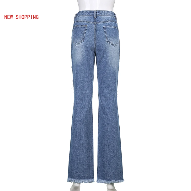 

Skinny Y2K Flare Jeans Vintage Hole Ripped Denim Pants Female Fashion 2021 Spring Women's High Waisted Trouser Harajuku Capris