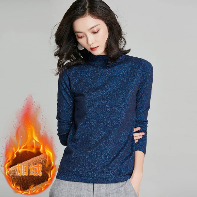 Plush Padded Half-high Collar Sweater  Autumn and Winter Solid Color Bright Silk Long Sleeve Base Womens Winter Sweaters 2020