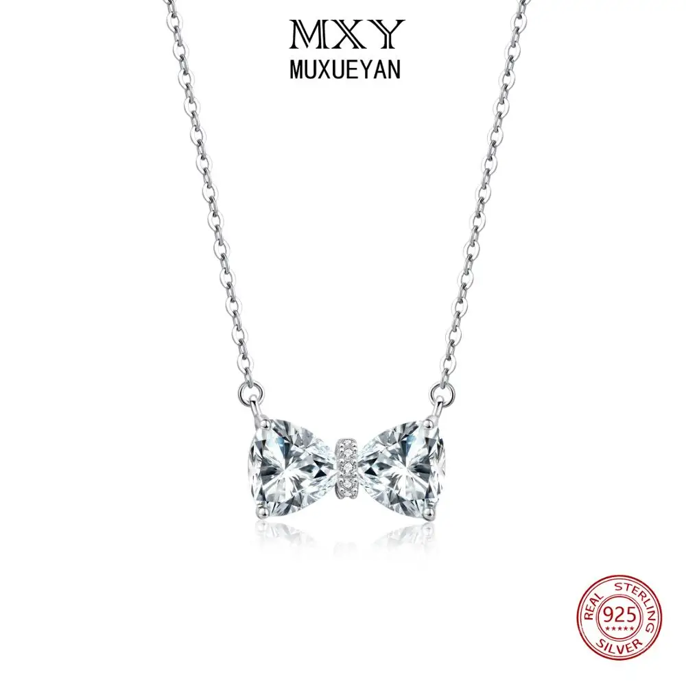 

925 Sterling Silver Luxury Crystal Bowknot Pendants Necklaces for women Korean zircon Jewelry 2021 trend MUXUEYAN