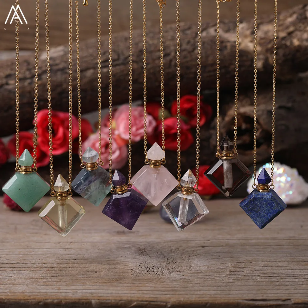 Fashion Women Natural Stone Essential Oil Jewelry Lapis Lemon Quartz Fluorite Perfume Bottle Pendant Necklace For | Украшения и