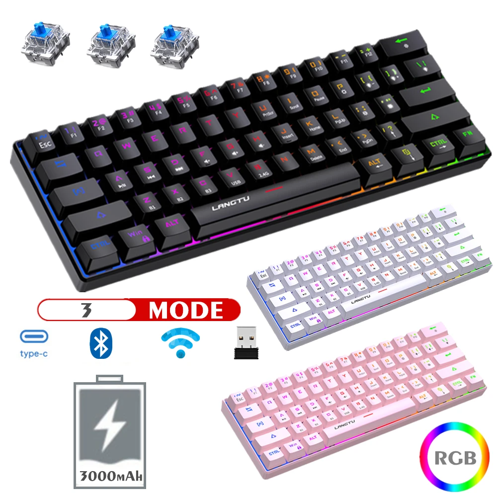 3 MODE Wireless Mechanical Gaming Keyboard 61 Key RGB Bluetooth-compatible Blue Axis Keyboard Portable Notebook Tablet Phone