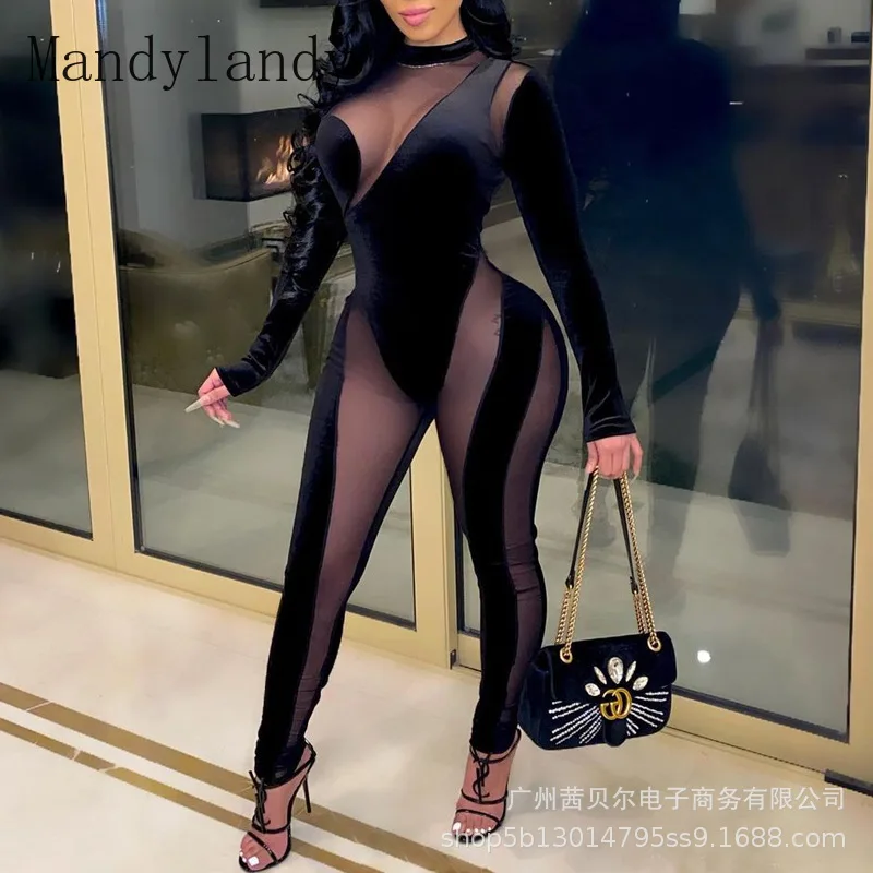 

Mandylandy Women's Sexy Long Sleeve Stitching Mesh Slim Jumpsuits Spring Autumn Fashion O-Neck High Waist Pencil Jumpsuits