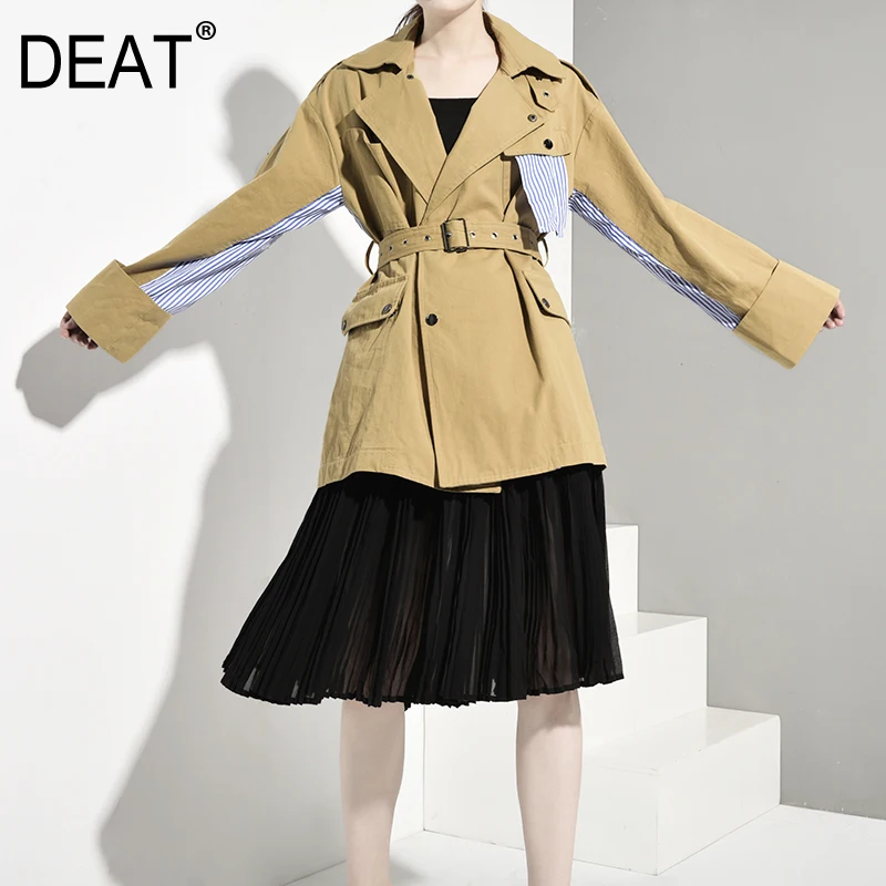 Женская куртка на пуговицах DEAT Лоскутная в полоску с отложным воротником