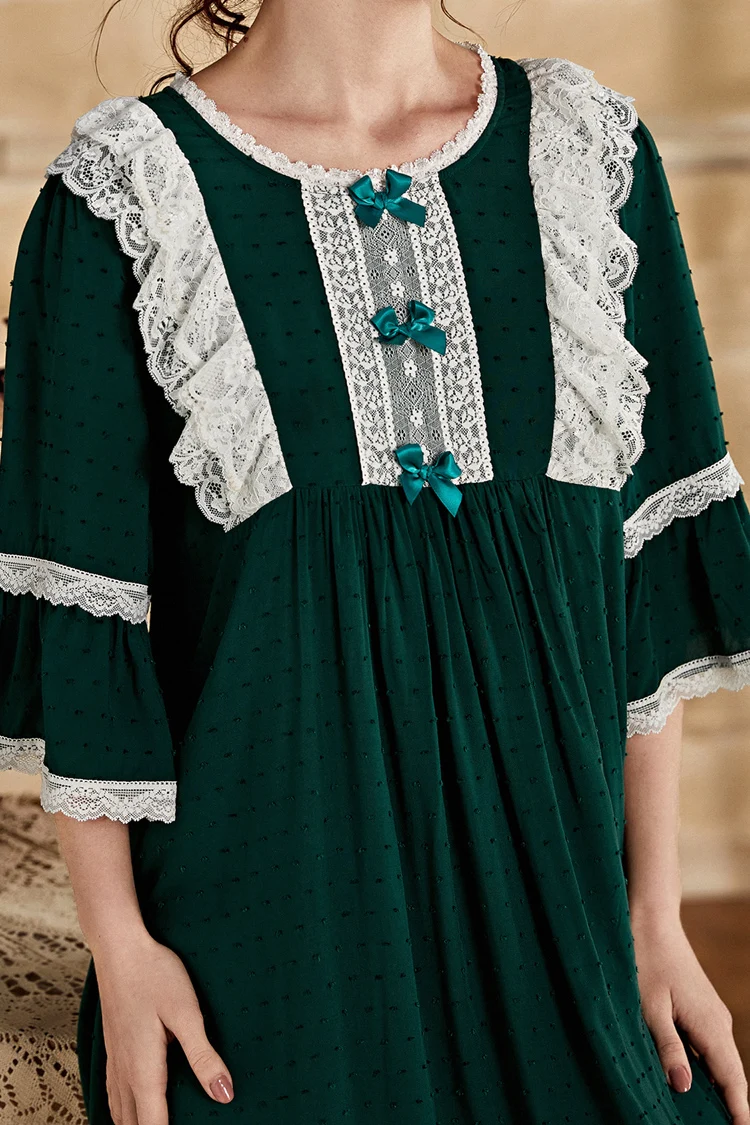 

Nightgown Women Cotton Sleepwear Summer Green Dress Romantic Nightgown European Medieval Retro