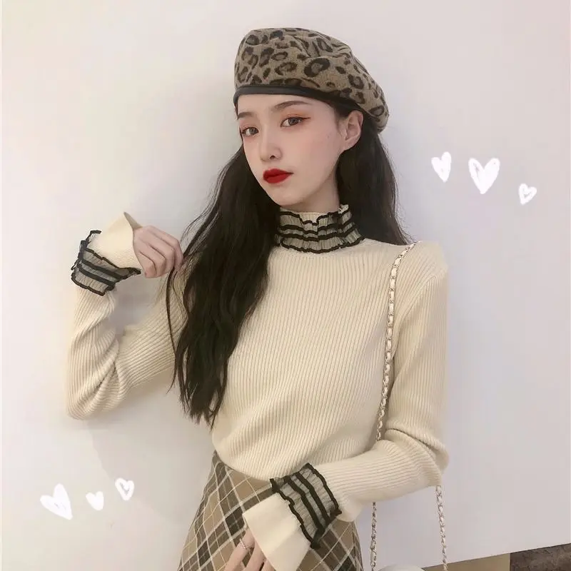 

Spring And Autumn Top 2021 New Korean White Long Sleeve Pullover Sweater Female Slim Western Bottoming Sweater