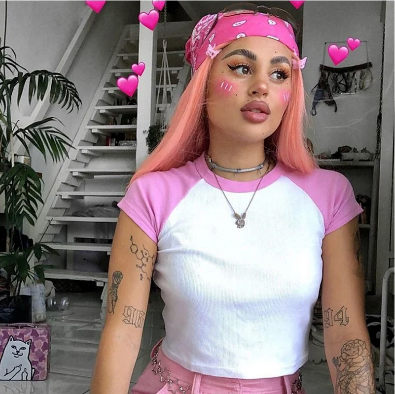 

ICCLEK2021 Summer New Women's Personality Color Matching Women's Slim and Thin Navel T-shirt Multicolor Short Top
