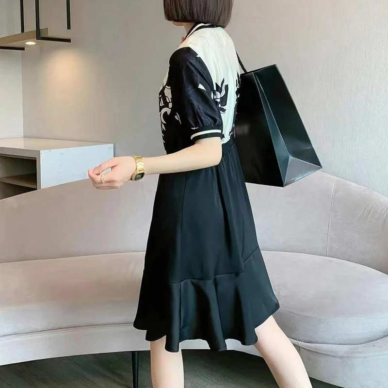 

CHICEVER Vintage Print Dress For Women O Neck Short Sleeve High Waist Patchwork Hit Color Loose Knee Length Dresses Female 2021