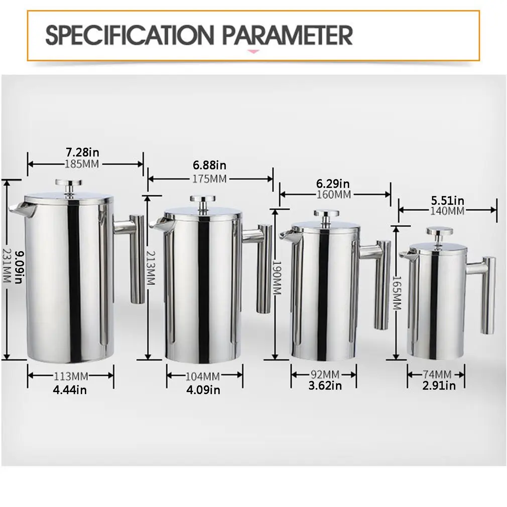 

Stainless Steel Double Wall Filter Coffee Maker Double Thermal Insulation Coffee Pot Tea Maker With Mesh Filter