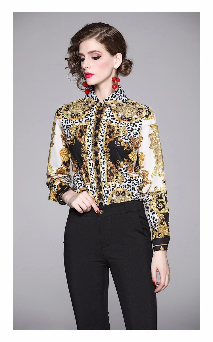 leopard Женские рубашки для подиума, модные элегантные блузки с длинным рукавом, на шнуровке, с бантом и цветочным принтом, в стиле пэчворк, Женская рабочая одежда, офисные Топы - Цвет: leopard