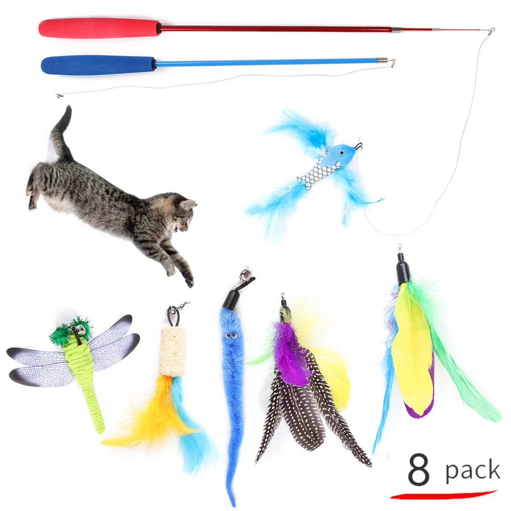 

8PCS Set Fishing Rod Teaser Cat Stick Toys Kitten Interactive Feather Bell Cat Toy Pet Telescopic Wand Funny Cats Teasing Toy