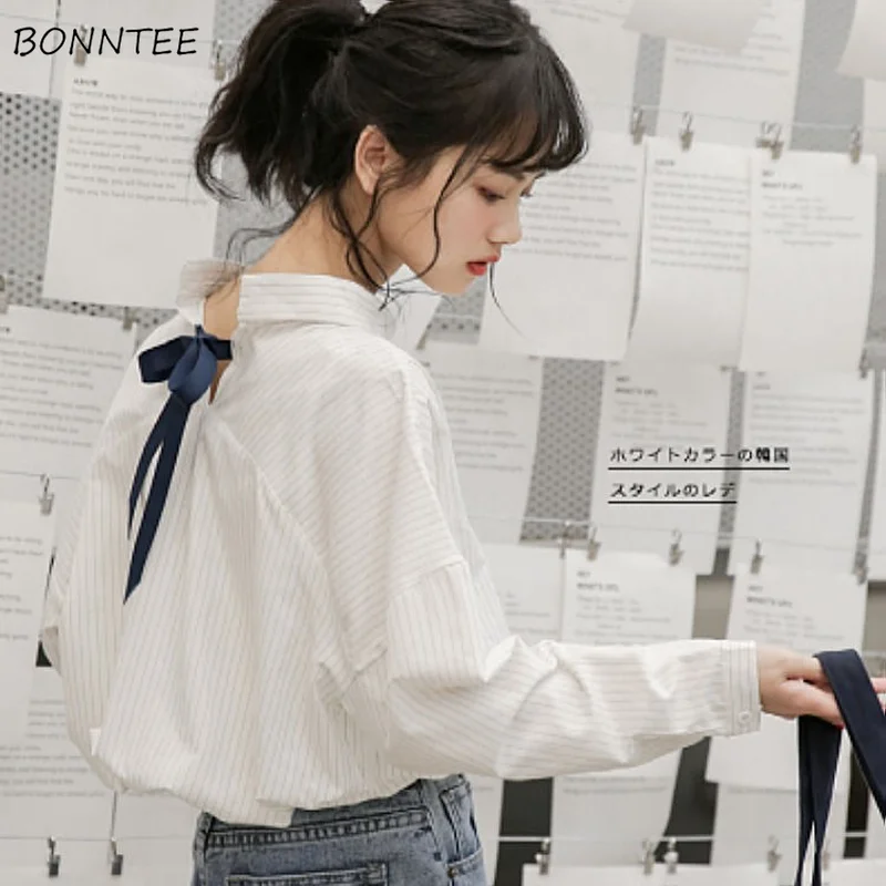 

Shirt Women Korean Style Chic White Pinstripe Back-bandage Elegant Female Tops Sweet Turn-down Collar Long Sleeve Simple Loose
