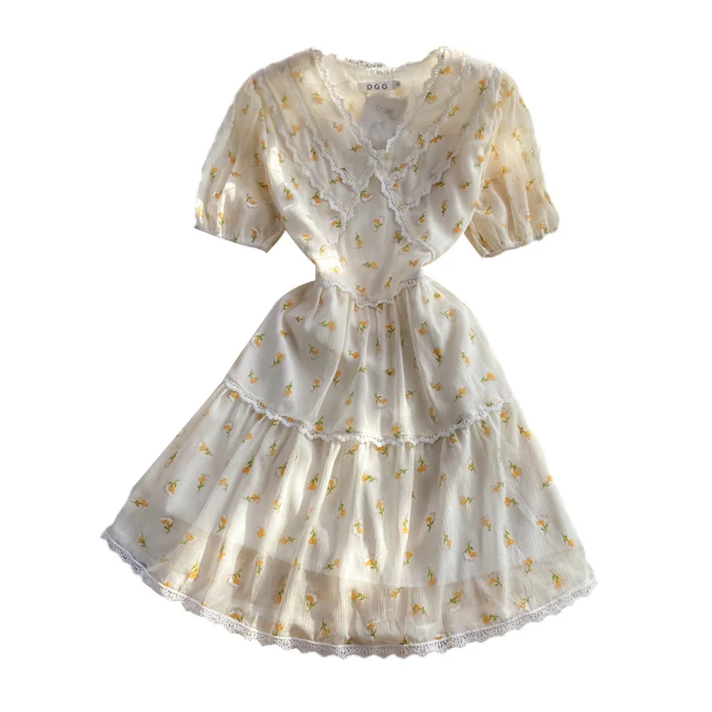 

2021 Summer Elegant Sweet V-Neck Floral Dress Puff Sleeve Women Lace High Waist Bohemian Party Beach Robe
