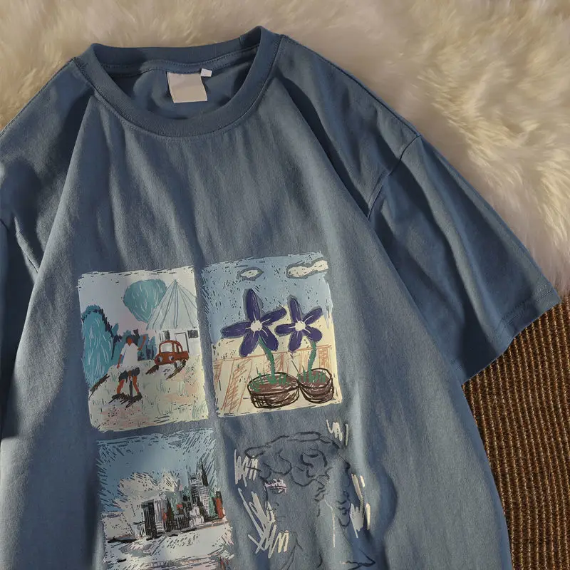

Vintage short-sleeved t-shirt girl 2021 new student Korean version of loose-fitting Harajuku wind half-sleeve couple top