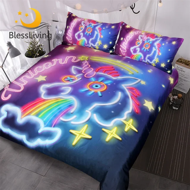 BlessLiving Luminous Unicorn Bedding Set Star Rainbow Duvet Cover Colorful Bedspreads Neon Light Cartoon Bed Set for Kids 3pcs 1