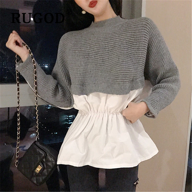 RUGOD Elegant patchwork knitted women sweater Fashion round neck batwing sleeve college tops Auturm casual ruffles lady clothes | Женская
