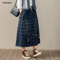 tiyihailey free shipping vintage long maxi plaid a line women elastic waist spring and autumn denim skirt 2020 new blue