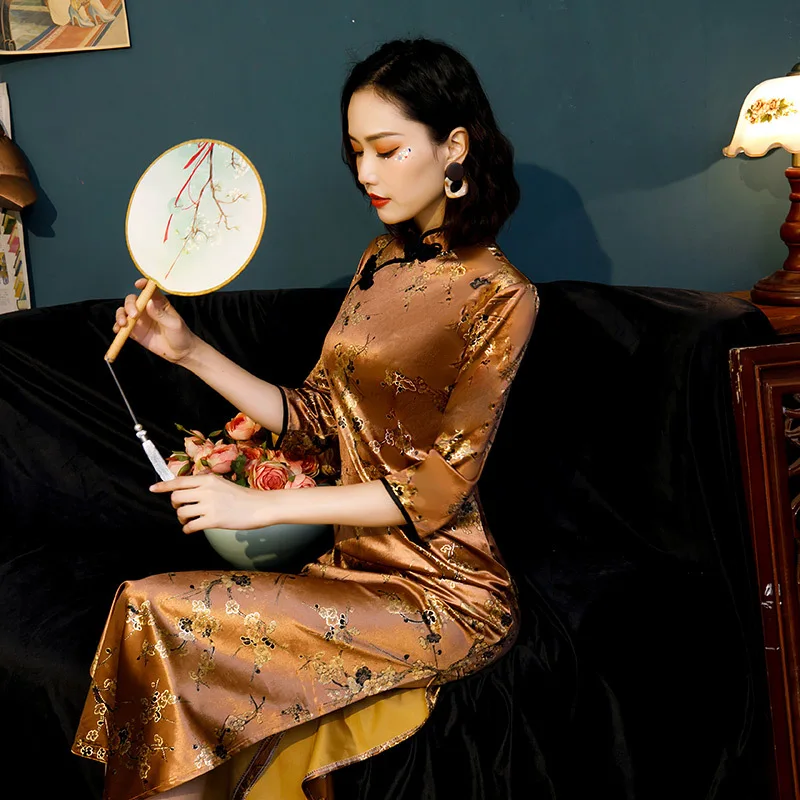 Велюровое Qipao женское коричневое сексуальное китайское платье большого размера