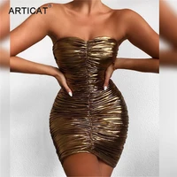 articat strapless bronzing gold mini dress for women summer sexy backless ruched vestidos sleeve bodycon nightclub party dress