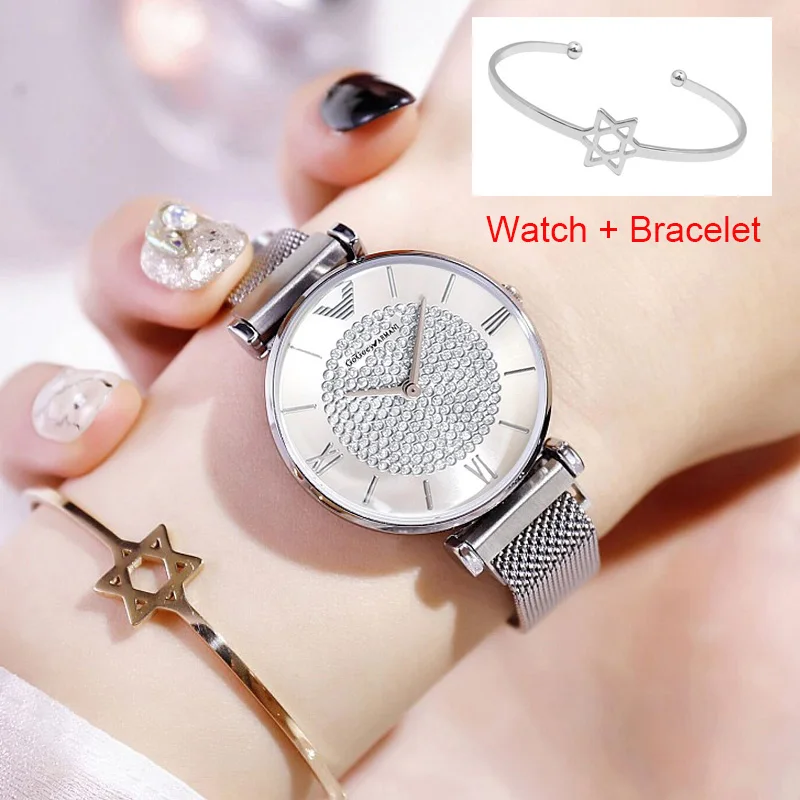 Серебряные часы для женщин магнитные роскошные бриллиантовые женские наручные