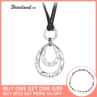 shineland 2 layer retro long necklace women new trendy fashion jewelry artificial leather rope double circles necklace pendant
