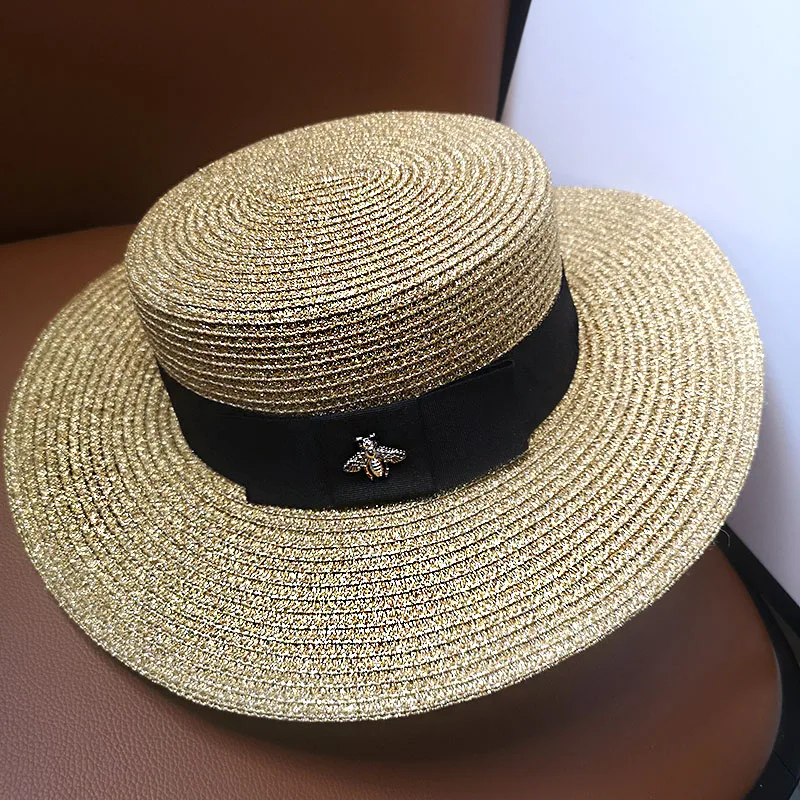 

HT261 Ladies Sun Hats Small Bee Straw Hat European and American Retro Gold Braided Hat Female Sunshade Flat Cap Visors Hat