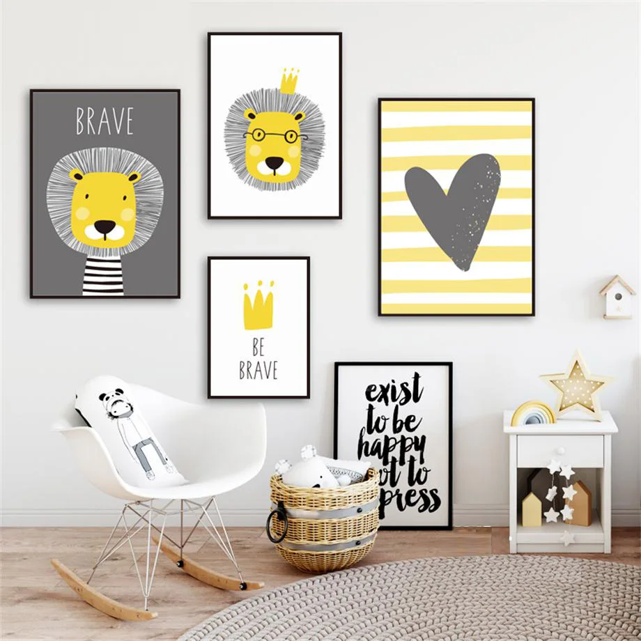 

Self-adhesive Wall Stickers Lion Crown Heart Quote Nursery Painting Cartoon Nordic Posters Wall Art Pictures For Kids Room Decor