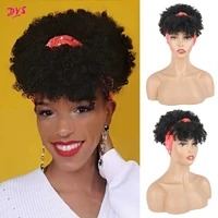 afro puff turban synthetic wig short kinky curly headwrap drawstring wrap wig 2 in 1 updo head wrap wig for african american