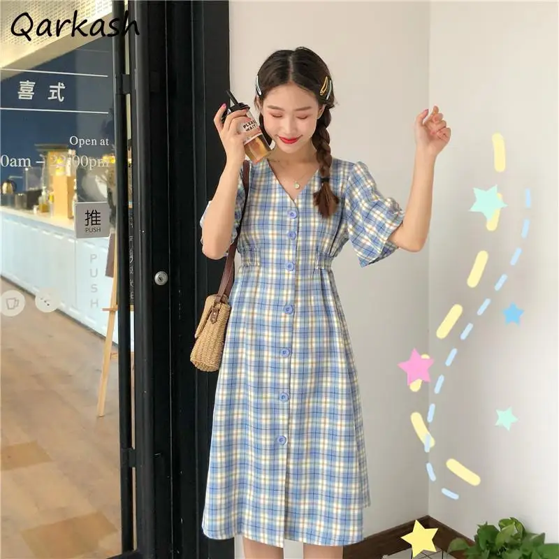 Платье женское клетчатое с V образным вырезом и коротким рукавом|Женские платья| |