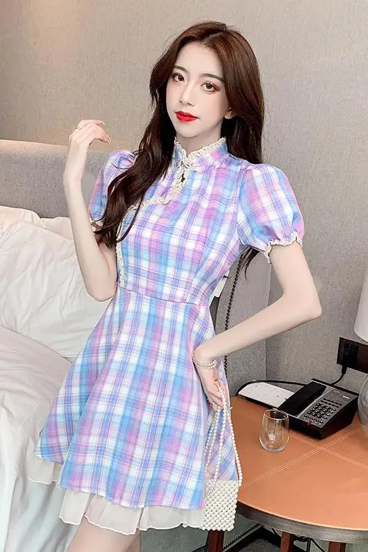 

COIGARSAM Preppy Style Plaid Women dress New Summer Cheongsam Vintage Dresses Light Purple 9323