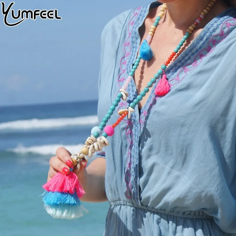 

Yumfeel Brand New Tassel Necklace Women Handmade Wood Beads Crystals Natural Shell Pom Long Necklace Jewelry