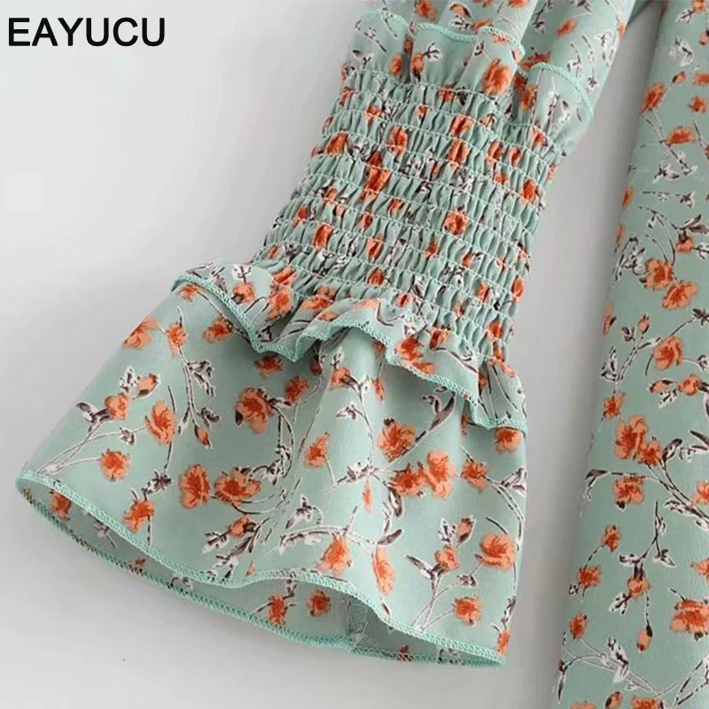 

EAYUCU Vintage print floral summer dress women flare sleeve short dress 2020 Deep v neck dress female Elegant vestidos ED097