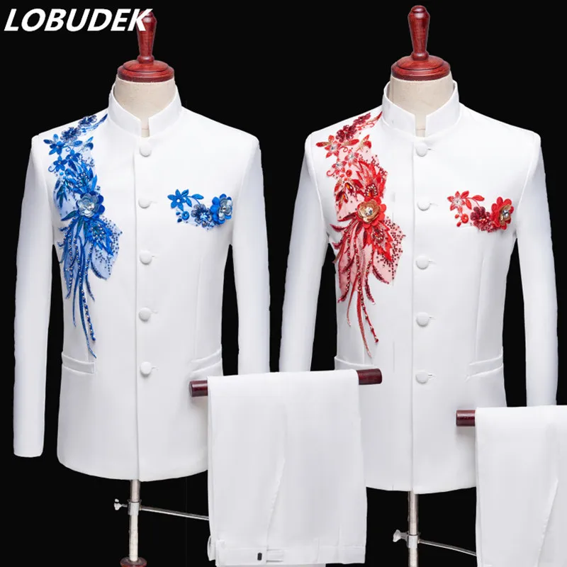 Male  sets Embroidered Blazers Stand Collar Men's  Chinese Tunic Singer Performance Stage Wear (Jacket+Pants) S-3XL