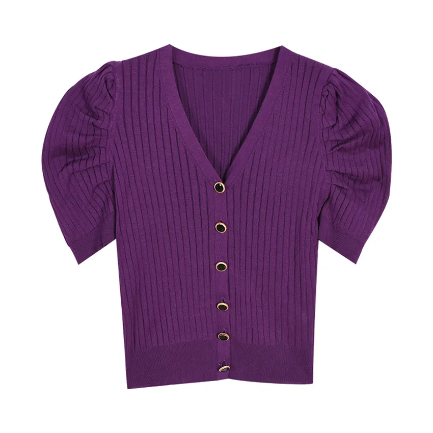 

2020 Summer Knitted Tops Women Puff Short Sleeve T shirt Korean Fashion Autumn Knit T-shirt Tee Shirt Femme Tshirt Knitwear