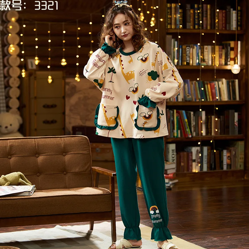 Pajamas Women's Long Sleeve Spring Autumn Cotton Winter Korean Cartoon Cute Casual Pants Can Wear Two Sets of Home Clothes