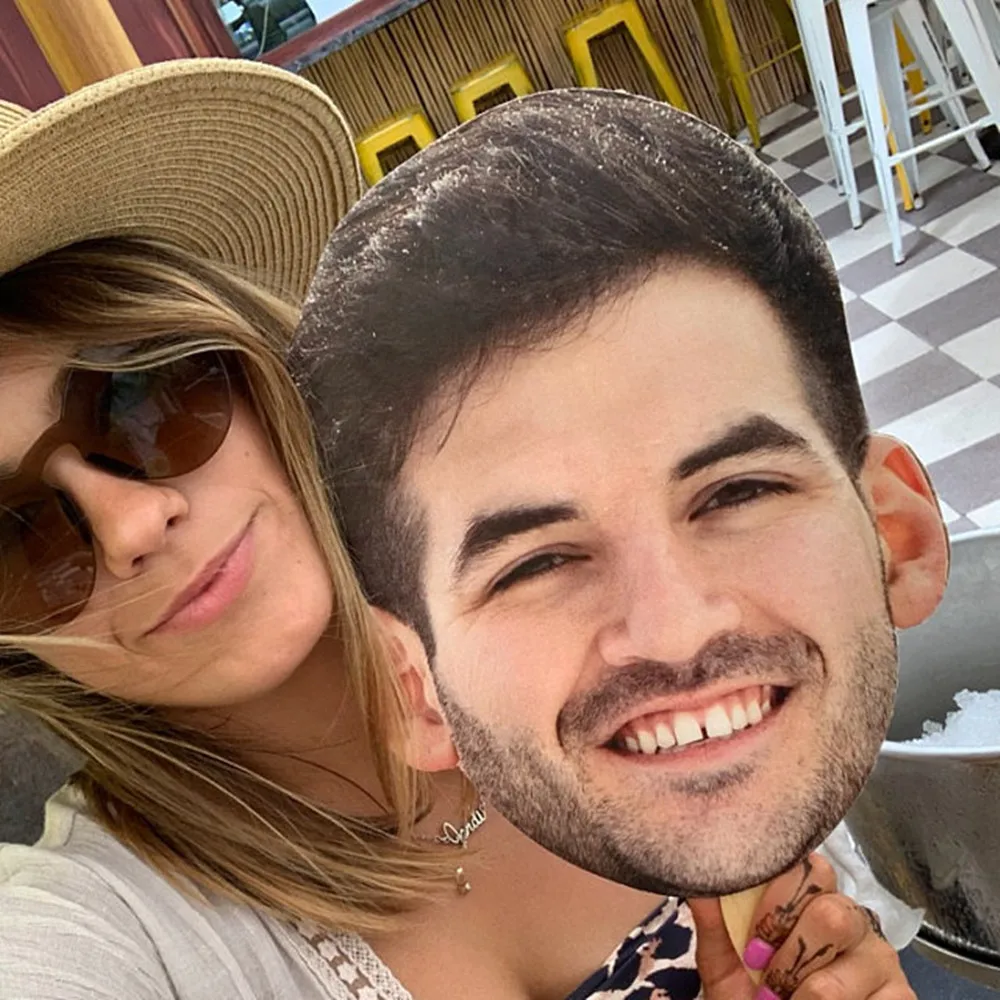 

Custom bride groom heads Multi-Face Fans on a Stick 12" with Wood Handle - Weddings Bachelorette Birthdays sports team Heads!