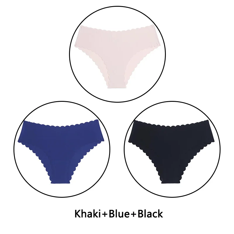 Khaki Blue Black 3 шт./партия, сексуальные трусики с оборками женский сексуальный бесшовный трусики с низкой посадкой, однотонное мягкое нижнее белье, женские Ультра тонкие трусики, нижнее белье - Цвет: Khaki Blue Black