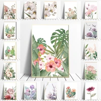 watercolor tropical flower poster leaf succulent wall picture cactus flower canvas painting nordic living room home decoration
