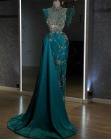 luxury crystal high neck mermaid prom dresses beading lllusio feather satin evening gowns custom made formal women dress